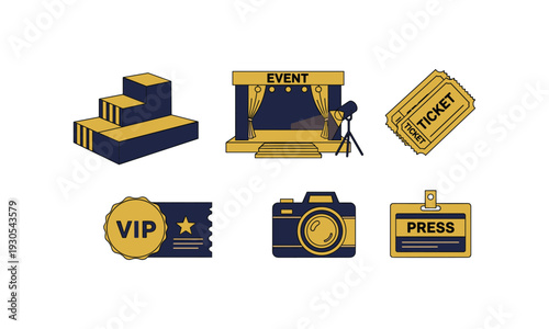 Event management vector icons with stage and tickets and camera and press pass illustration