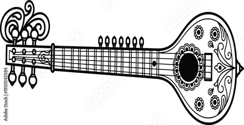 Ornate Black and White Stringed Musical Instrument