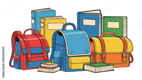 Colorful school backpacks with books, notebooks, and pencils ready for learning and study.