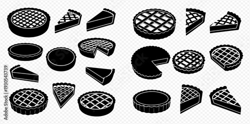 Set of black and white pie and tart icons, including whole pies, slices, and empty crusts, on a transparent background.
