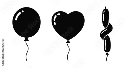 A striking arrangement of three black balloon silhouettes a circle heart and twisted shape creates a playful design high quality professional detailed modern