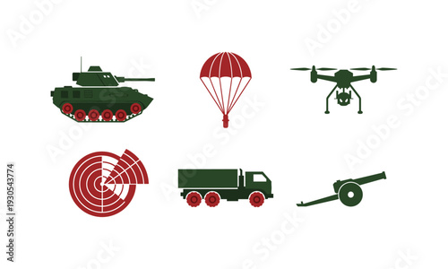 Military vehicle icon set featuring green tank parachute drone radar truck and cannon vector