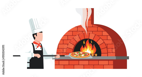 A chef in uniform prepares a pizza in a brick oven depicted as a striking flat silhouette high quality professional detailed