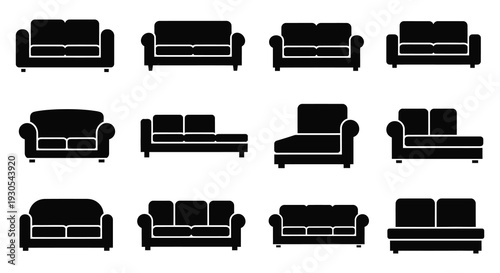 A collection of various sofa designs presented as flat black silhouettes showcasing furniture styles silhouette high quality professional detailed modern elegant