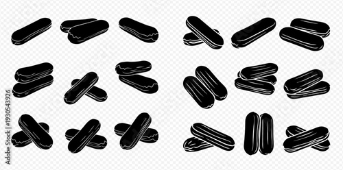 Set of black eclair cakes with chocolate glaze, sweet dessert pastry.