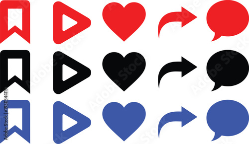 Social media interface icons set with heart like share and comment bubble for digital marketing platforms