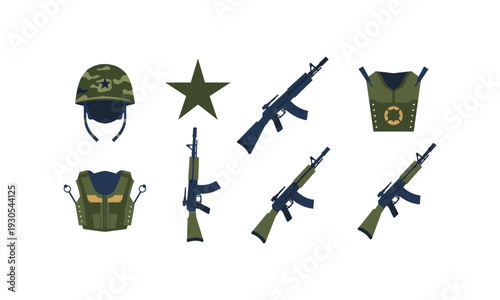 Tactical gear vector set with helmet and assault rifle and bulletproof vest illustration