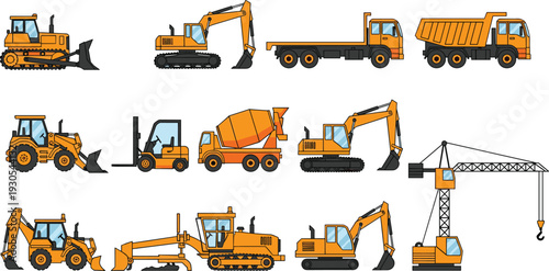 Collection of construction machinery vehicles including excavator, bulldozer, crane, dump truck, forklift and cement mixer in flat vector style isolated on light background for industrial projects