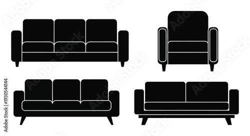 A collection of four black furniture silhouettes depicting various sofa and chair designs a minimalist silhouette high quality professional detailed modern