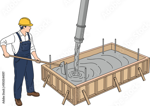 Construction worker pouring and leveling concrete foundation using shovel and formwork mold in building site process illustration isolated on light background