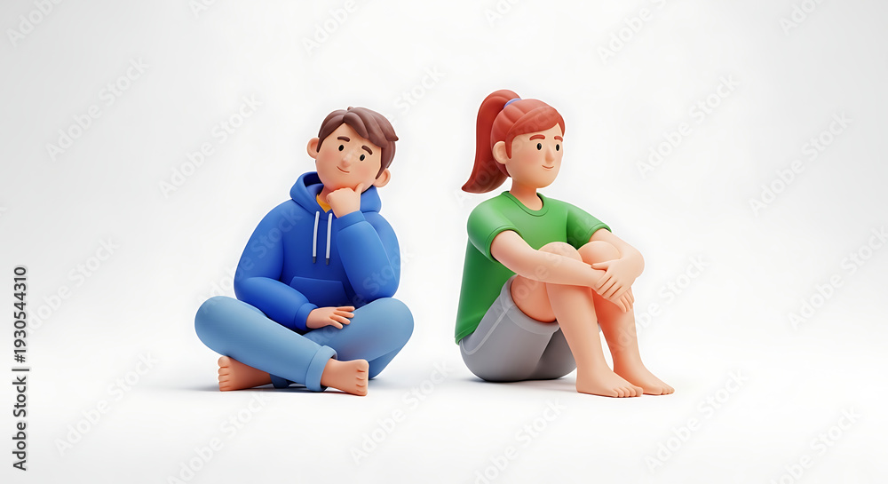 Obraz premium Two 3D cartoon characters sitting and contemplating together peacefully