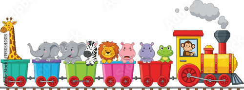 Cute cartoon animal train with giraffe, elephants, zebra, lion, hippo and frog riding colorful wagons pulled by locomotive in playful vector illustration isolated background