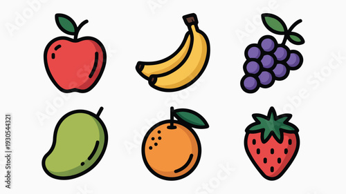 Line art fruit icons set with apple banana grape mango orange and strawberry outlines thin