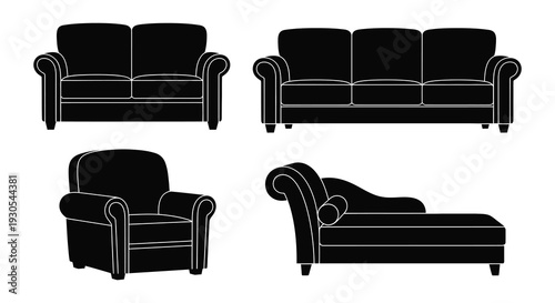A collection of black furniture outlines featuring sofas chairs and a chaise lounge presented as a silhouette high quality professional detailed