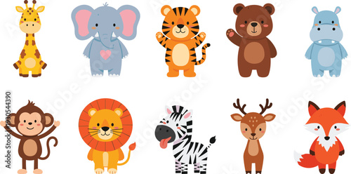 Cute cartoon safari animals collection including giraffe, elephant, tiger, bear, hippo, monkey, lion, zebra, deer and fox in flat vector style isolated background