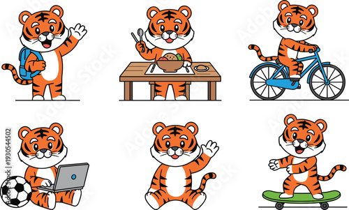 Cute tiger cartoon character set showing daily activities including studying, eating, cycling, skating and greeting in playful vector illustration isolated on light background