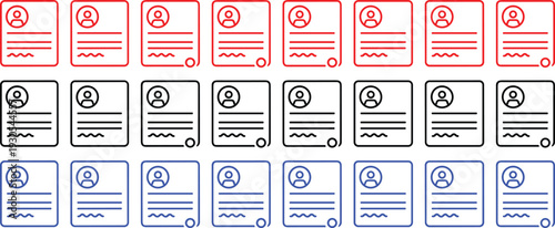 Set of 27 profile card icons with user, lines, and wave symbols in red, black, and blue color variants