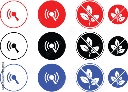 Set of radio antenna and natural leaves forbidden signs in red, black, and blue, with solid and outline styles
