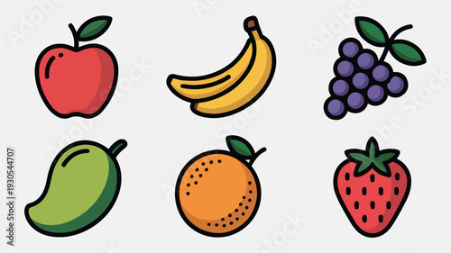 Set of six colorful fruit icons apple banana grapes mango orange strawberry vector illustration