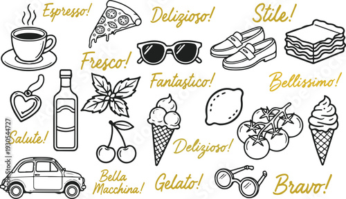 Vintage Italian style summer elements vector illustrations in doodle sketch style, Hand drawn retro Mediterranean summer illustrations of  grapes, cheese, tomato, olive oil for menus and invitations