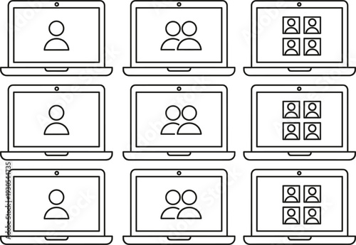 Video conference laptop icons showing online meeting participants groups and webinar audience on screen grid