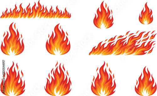 Set of realistic cartoon fire flames collection with blazing blaze elements for danger warning, heat energy, burning effect and emergency design isolated on background