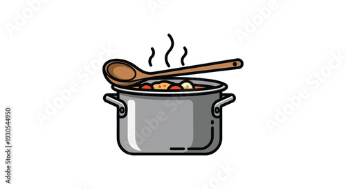 A colorful cartoon illustration depicts a steaming pot with a wooden spoon presented as a silhouette high quality professional detailed modern