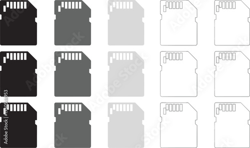 Set of SD memory card icons in various shades of grey, solid and outline styles