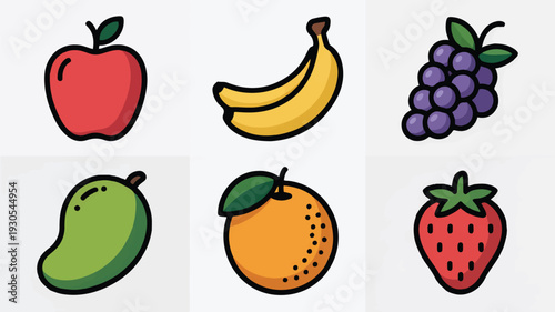 Set of six colorful fruit icons apple banana grapes mango orange strawberry vector illustration