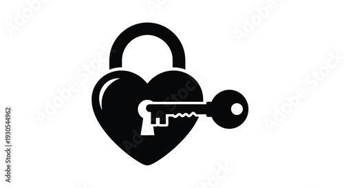 A black silhouette depicts a heart shaped lock with a key symbolizing love and security high quality professional detailed modern elegant stylish