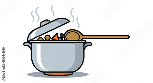 A cartoon illustration depicts a steaming pot of food with a ladle showcasing a distinct silhouette high quality professional detailed modern