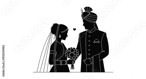 A stylized black silhouette depicts a newlywed indian couple gazing lovingly at each other holding a bouquet silhouette high quality professional