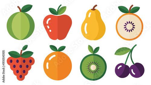 Variety of fresh fruit vector illustrations including guava apple pear kiwi strawberry grapes orange cherry