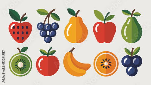 Collection of colorful fruit icons strawberry grapes pear apple kiwi banana orange blueberry vector