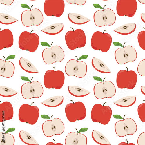Red apple seamless pattern with halves and slices. Organic fruit background for kitchen textile, healthy food packaging, and cider branding. Flat vector illustration for autumn harvest decor
