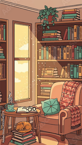 Cozy sunlit reading nook with tall bookshelves and a comfortable armchair by a window.