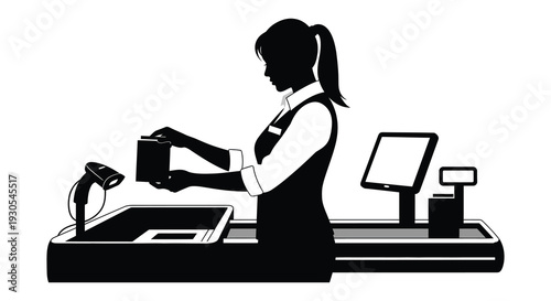 A cashier works at a checkout counter with a card reader and computer depicted in a distinct silhouette high quality professional