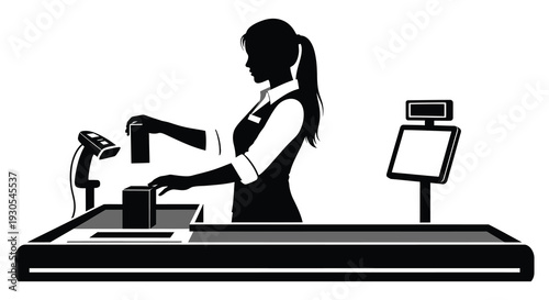 A cashier working at a checkout counter with a scanner and card reader depicted in silhouette high quality professional detailed modern