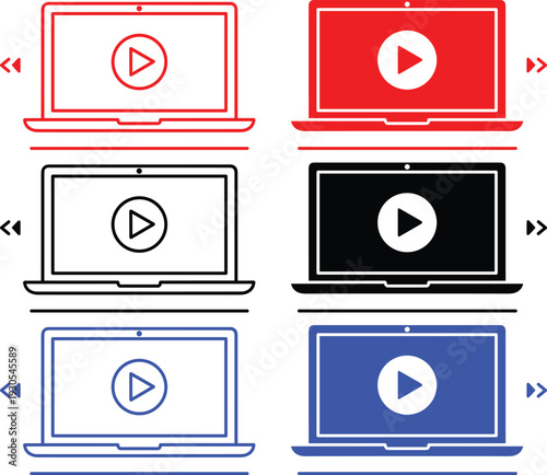 Laptop icons with play button on screen representing digital media and online video streaming technologies
