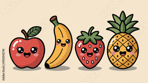 Kawaii cute fruits apple banana strawberry pineapple cheerful faces beige background