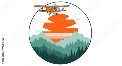 Vibrant illustration of a small airplane flying over forested mountains.