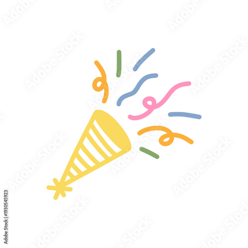 Hand drawn party popper with colorful confetti and streamers. Festive birthday celebration doodle icon isolated on white background. Party popper simple birthday doodle.
