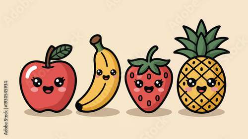 Happy kawaii fruits apple banana strawberry pineapple with rosy cheeks beige background