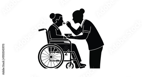 A caregiver gently assists an elderly woman in a wheelchair with feeding depicted in stark silhouette high quality professional detailed modern