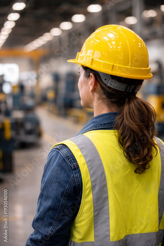 Woman with brown hair wearing a yellow safety helmet and reflective vest in an industrial or factory setting viewed from behind.