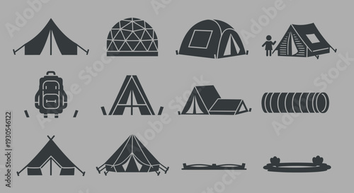 Camping Tents and Outdoor Gear Icons Set.