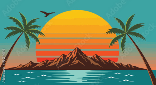 Tropical Island Paradise with Palm Trees and Sunset.