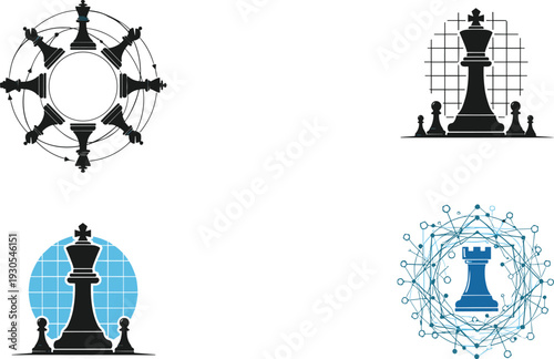 Chess pieces with abstract geometric patterns and network connections