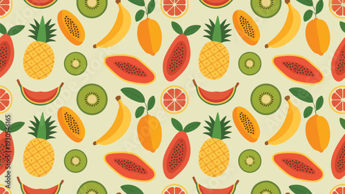 Seamless pattern with tropical fruits papaya kiwi pineapple banana and citrus slice art