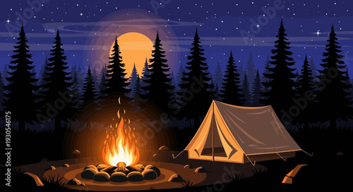 Camping under the stars with a campfire at night.